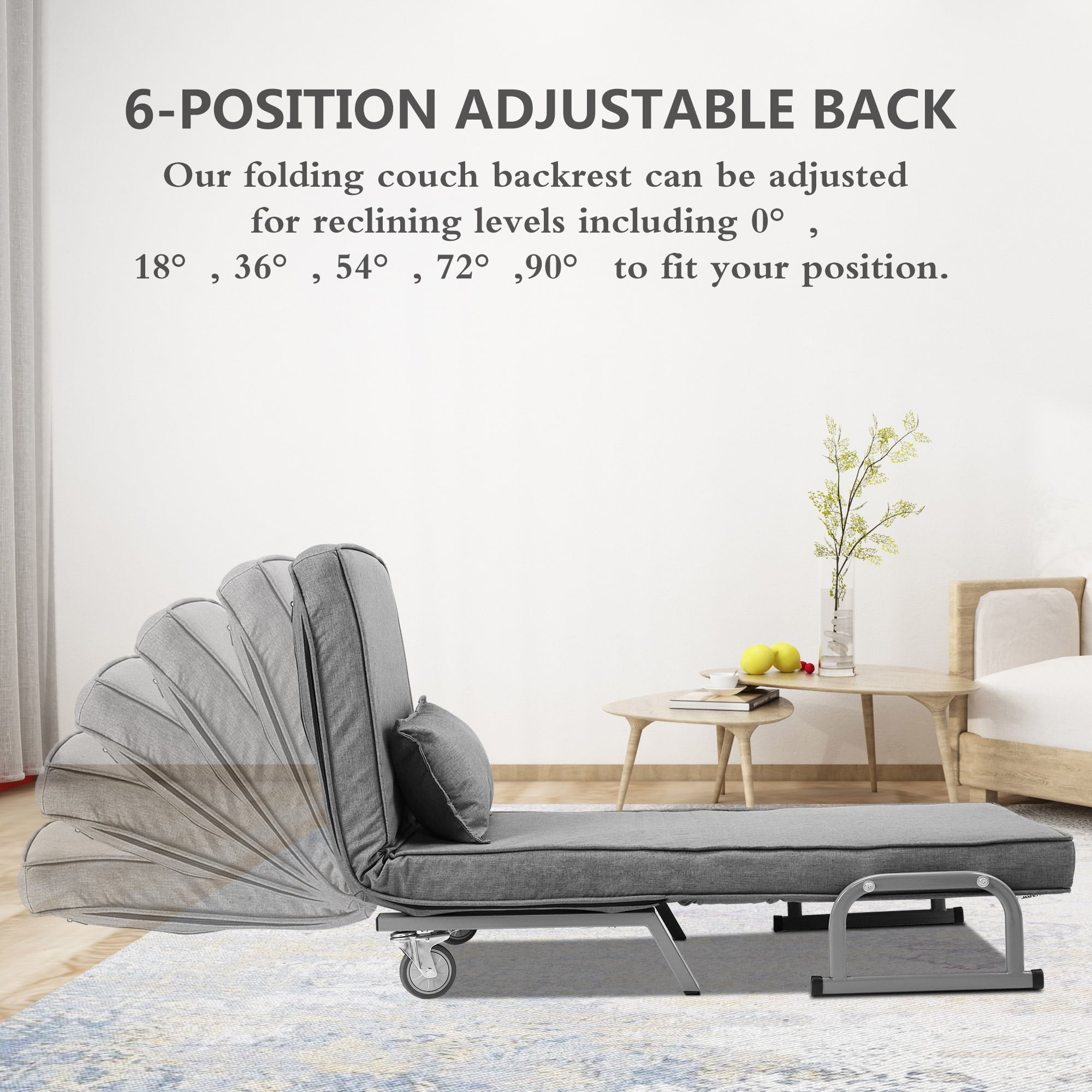 Jaxpety Convertible Sofa Bed Sleeper Arm Chiar, 6-Position Folding Lounge Leisure Recliner W/ Pillow, Gray