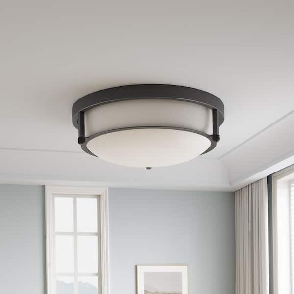 13 in. 2-Light Industrial Black Flush Mount Farmhouse Close to Ceiling Light Fixture with White Glass Shade