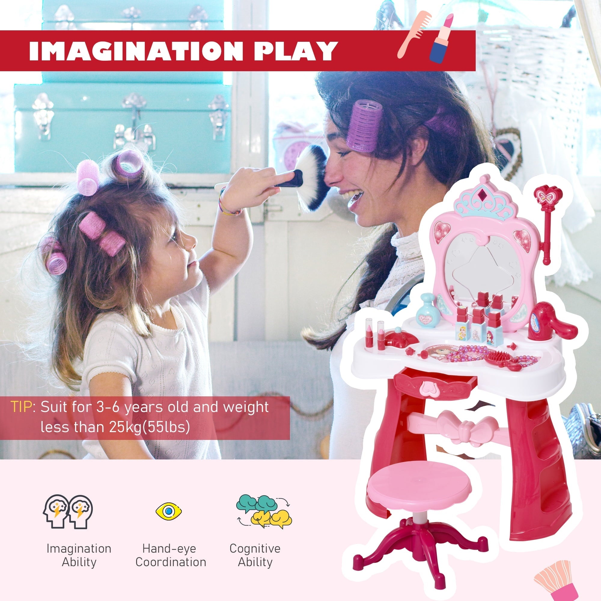 Qaba Children Dressing Table Set for Kids of 3-6 Years Dream Princess Vanity Set for Girls Make Up Table and Stool Set with Music and Lightening Pink White