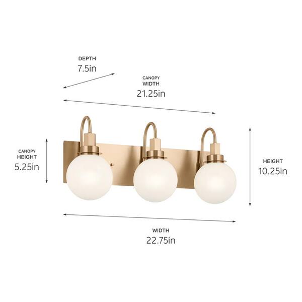Hex 22.75 in. 3-Light Champagne Modern Bathroom Vanity Light with Opal Glass Shades