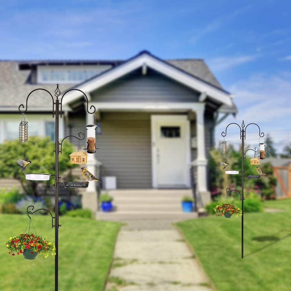 Bird Feeding Station Kit 91 Inch 4 Hooks with 2 Bird Feeder and Bath Tray Bird Feeder Pole Wild Bird Feeder Metal Suet Feeder Bird Bath-Black