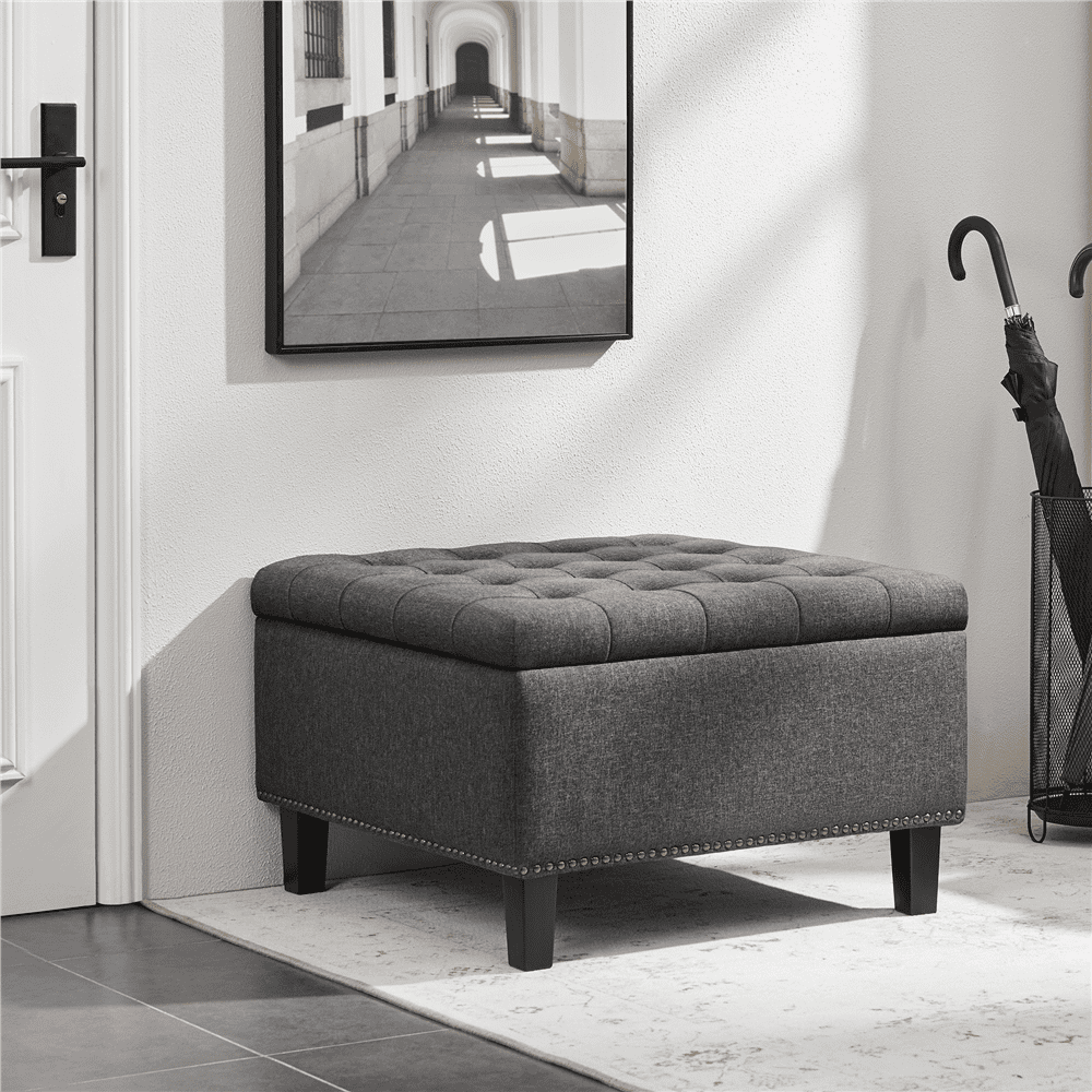SmileMart Modern linen-like Storage Ottoman Bench with Button-Tufted for Entryway, Dark Gray
