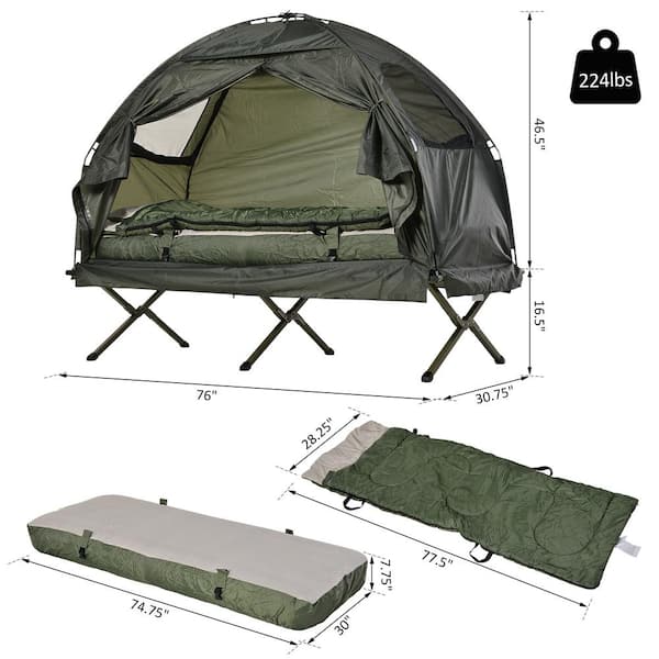 Portable Camping Cot Tent with Comfortable Air Mattress, Warm and Cozy Sleeping Bag, and a Supportive Pillow