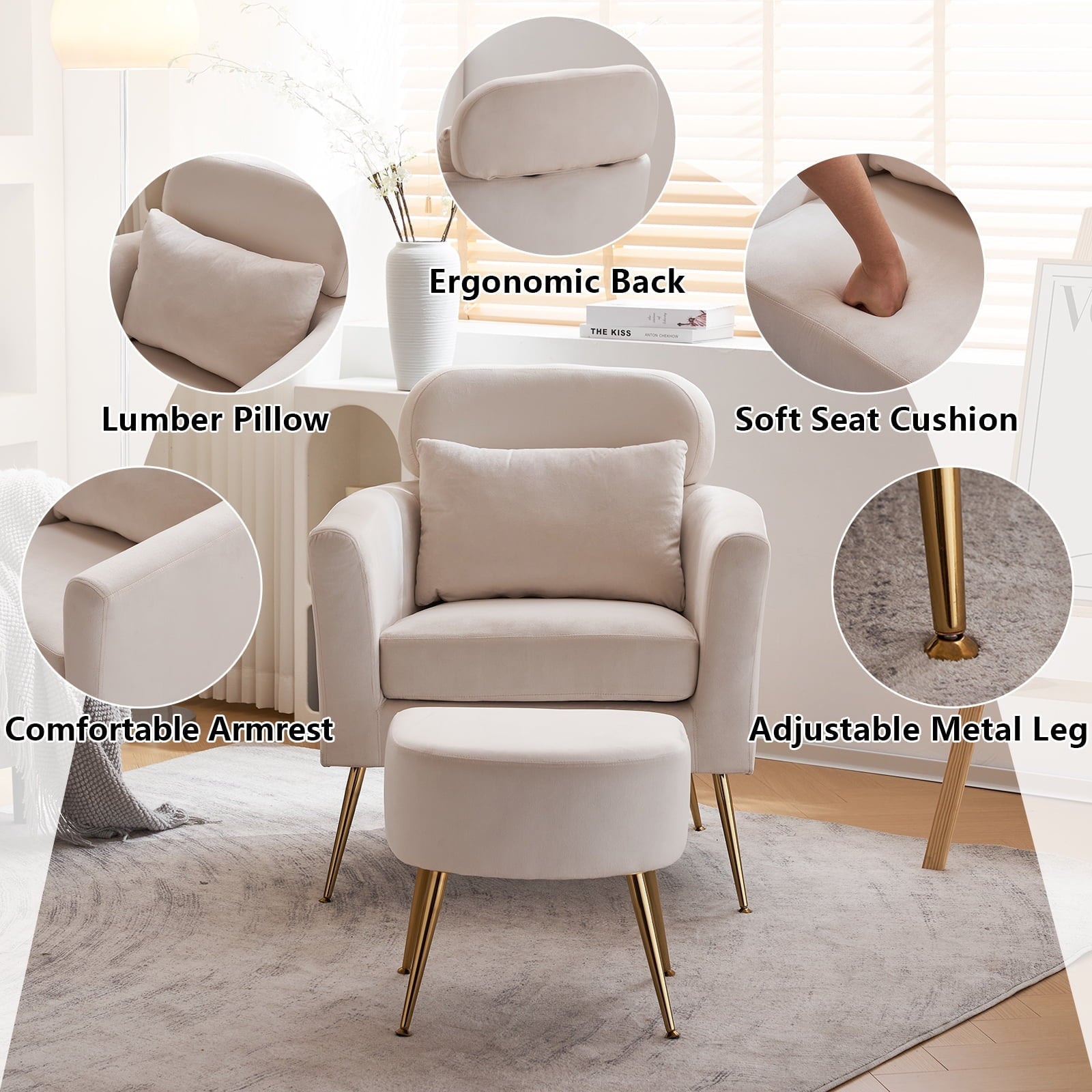 Ktaxon Accent Chair with Ottoman Set, Flannel Upholstered Single Sofa with Lumber Pillow Armchair with Armrests and Footrest for Bedroom Living Reading Room Office Beige