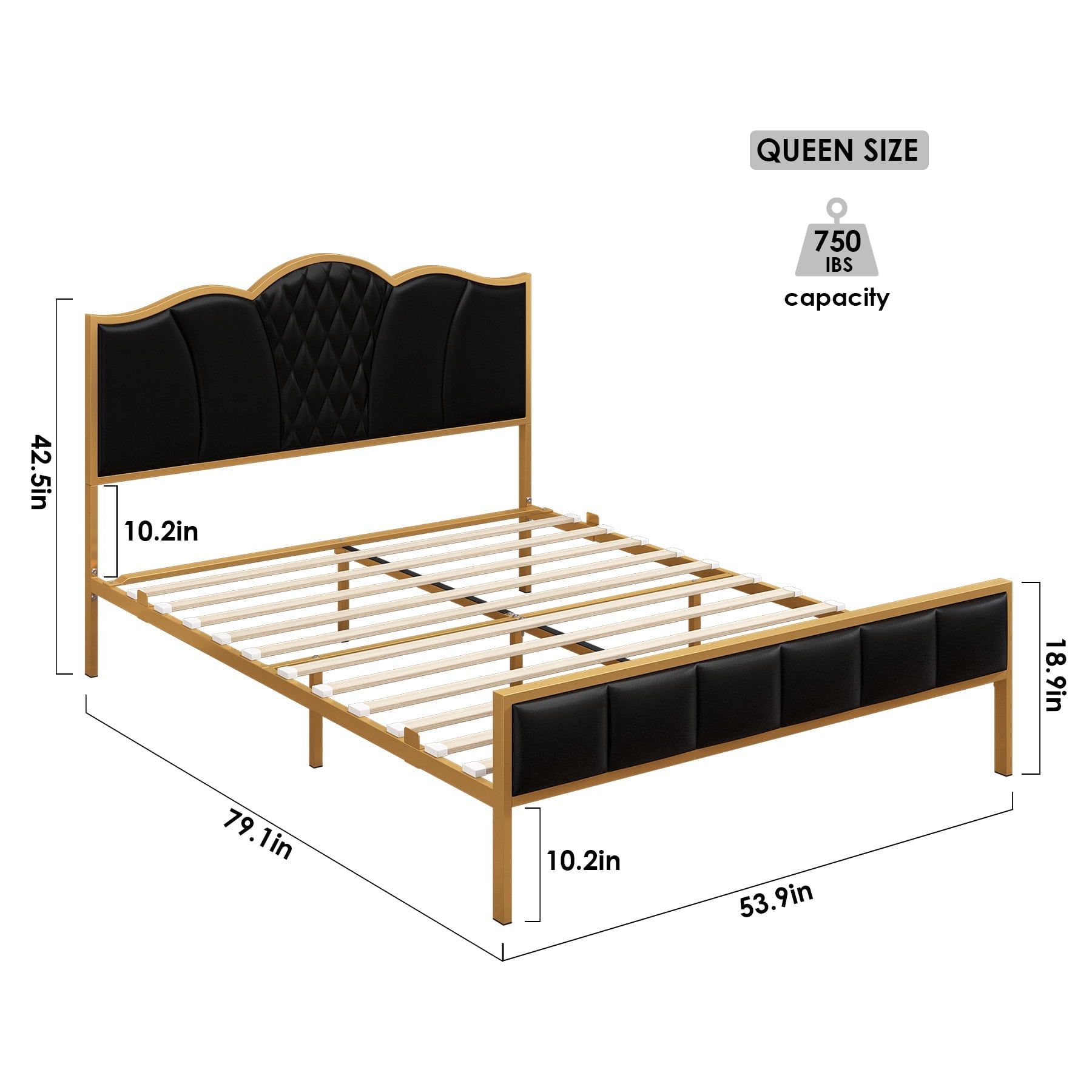 Homfa Full Size Metal Bed Frame, Modern PU Upholstered Platform Bed Frame with Tufted Headboard, Black and Gold