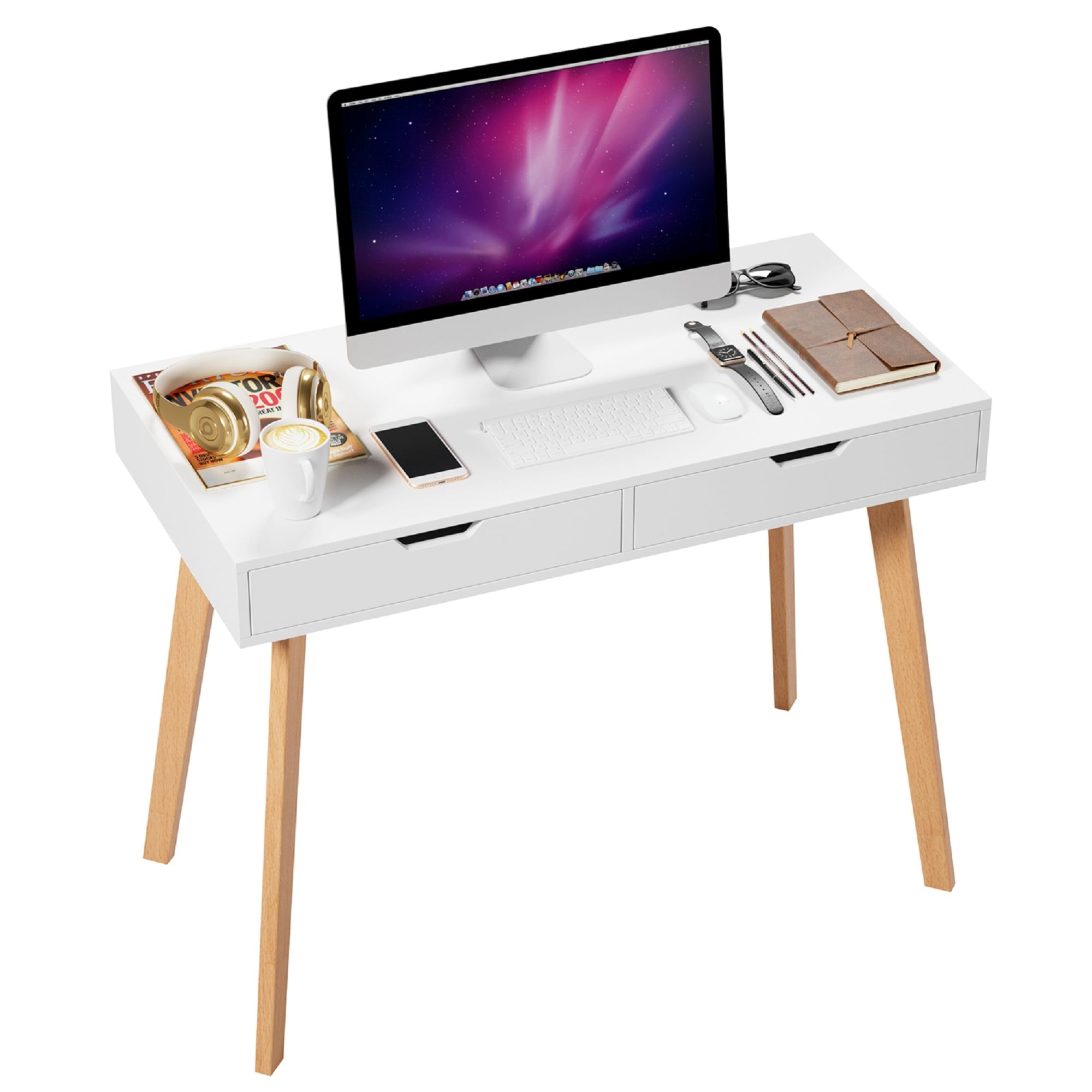 Homfa White Desk with Drawers, Study Work Desk Table for Home Office Writing
