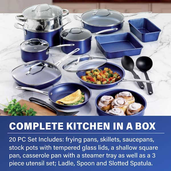 20-Piece Blue Aluminum Ultra-Durable Diamond Infused Coating Nonstick Express Cookware and Bakeware Set