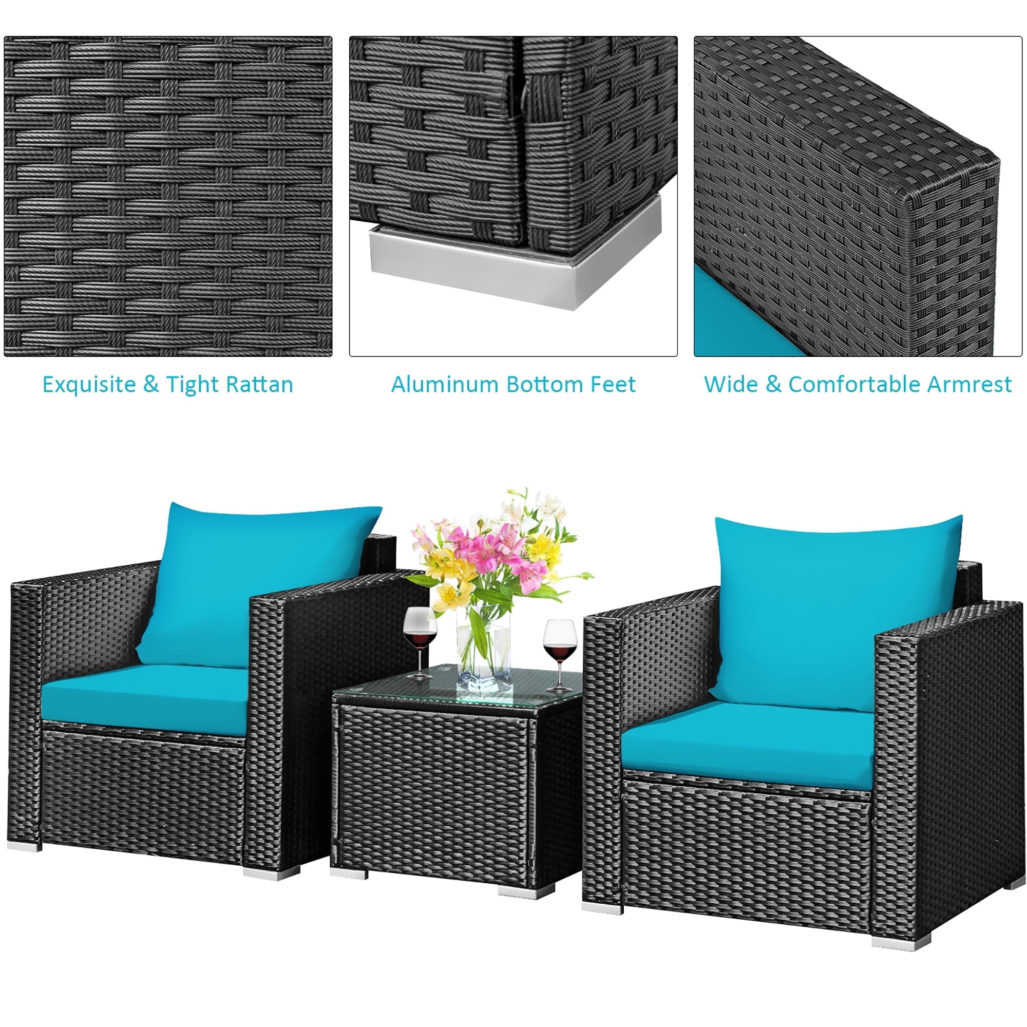Costway 3PCS Patio Rattan Wicker Furniture Set Sofa Table W/Cushion Turquoise