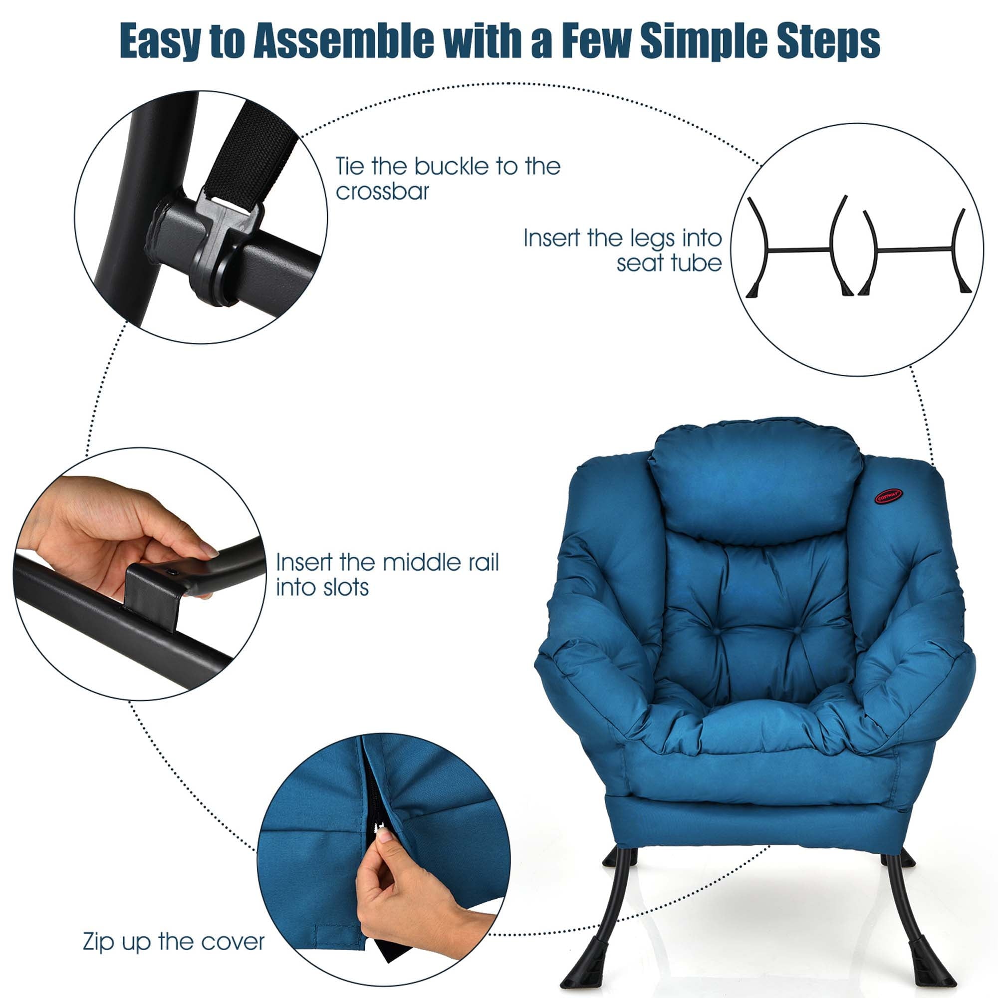 Costway Modern Polyester Fabric Lazy Chair Single Sofa Chair w/ Side Pocket Navy