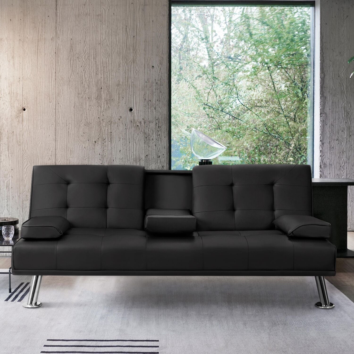 Vineego Modern Faux Leather Couch Convertible Folding Futon Sofa Bed with 2 Cup Holders, Black