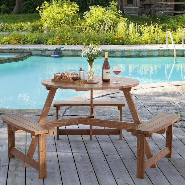 6-Person Wood Outdoor Picnic Table Circular Dining Table with Umbrella Holeand 3 Benches