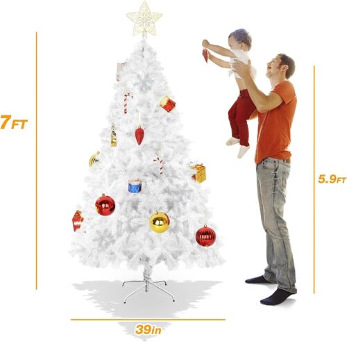 LONABR 7FT White Christmas Pine Tree 1000 Tips PVC Seasonal Gorgeous Decoration