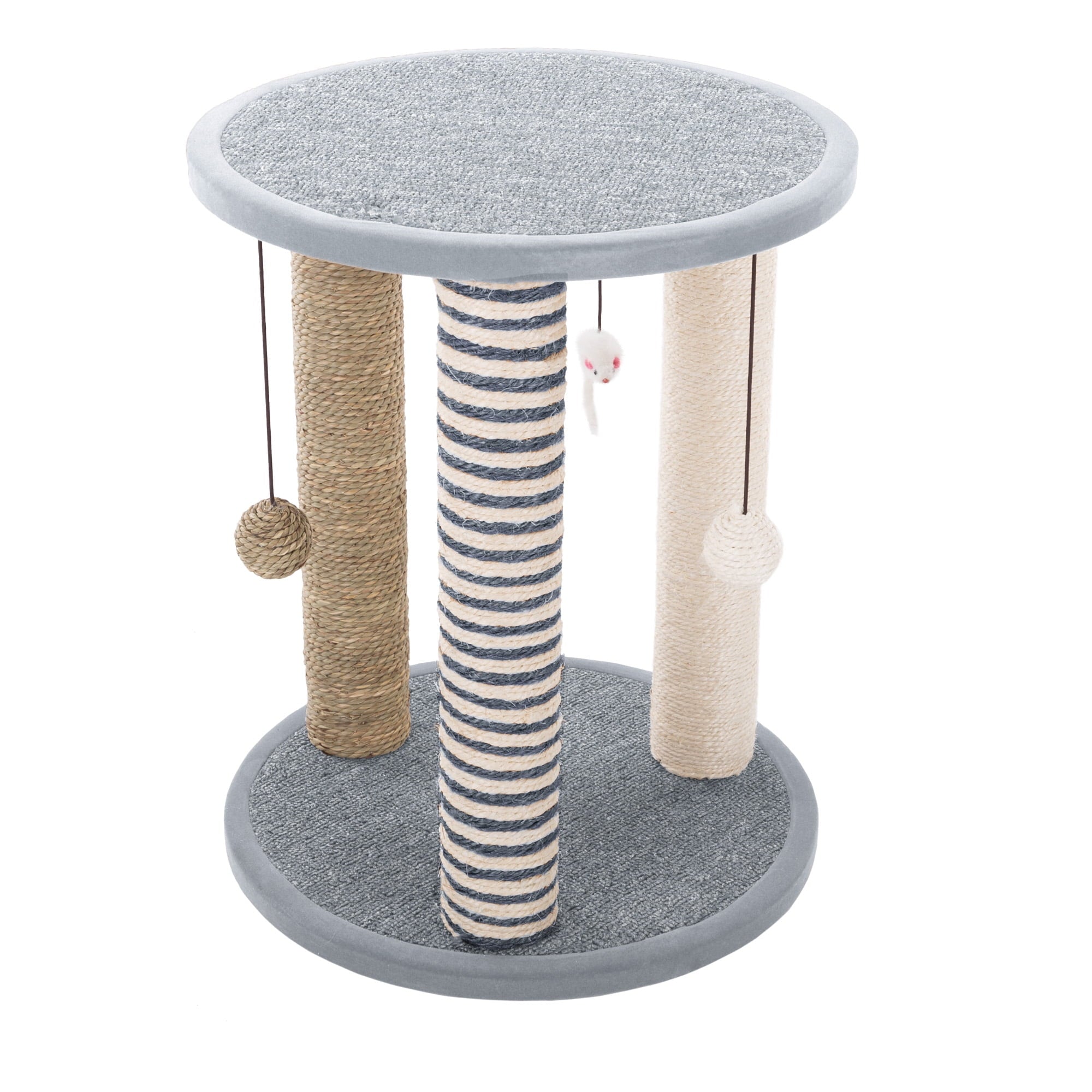 PetMaker Gray Cat Sisal Scratching Post Tower - 3 Posts, 2 Carpeted Perches, Hanging Ball/Mouse Toy