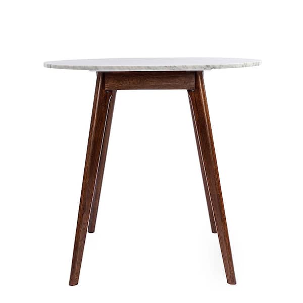 Avella 1-Piece Walnut Finish 31 inches Round Italian Carrara White Marble Dining Table with Walnut Legs