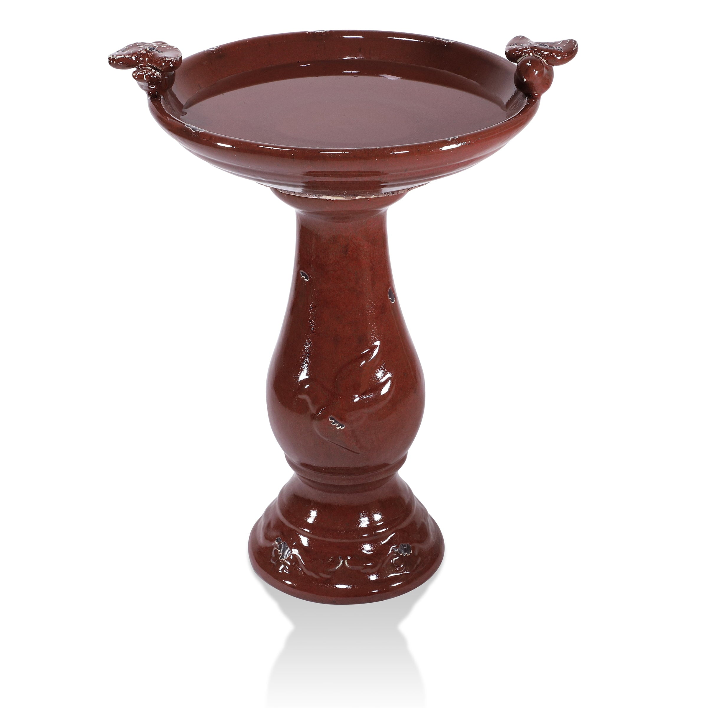 Alpine Corporation Ceramic Pedestal Birdbath with 2 Bird Figurines, Deep Red