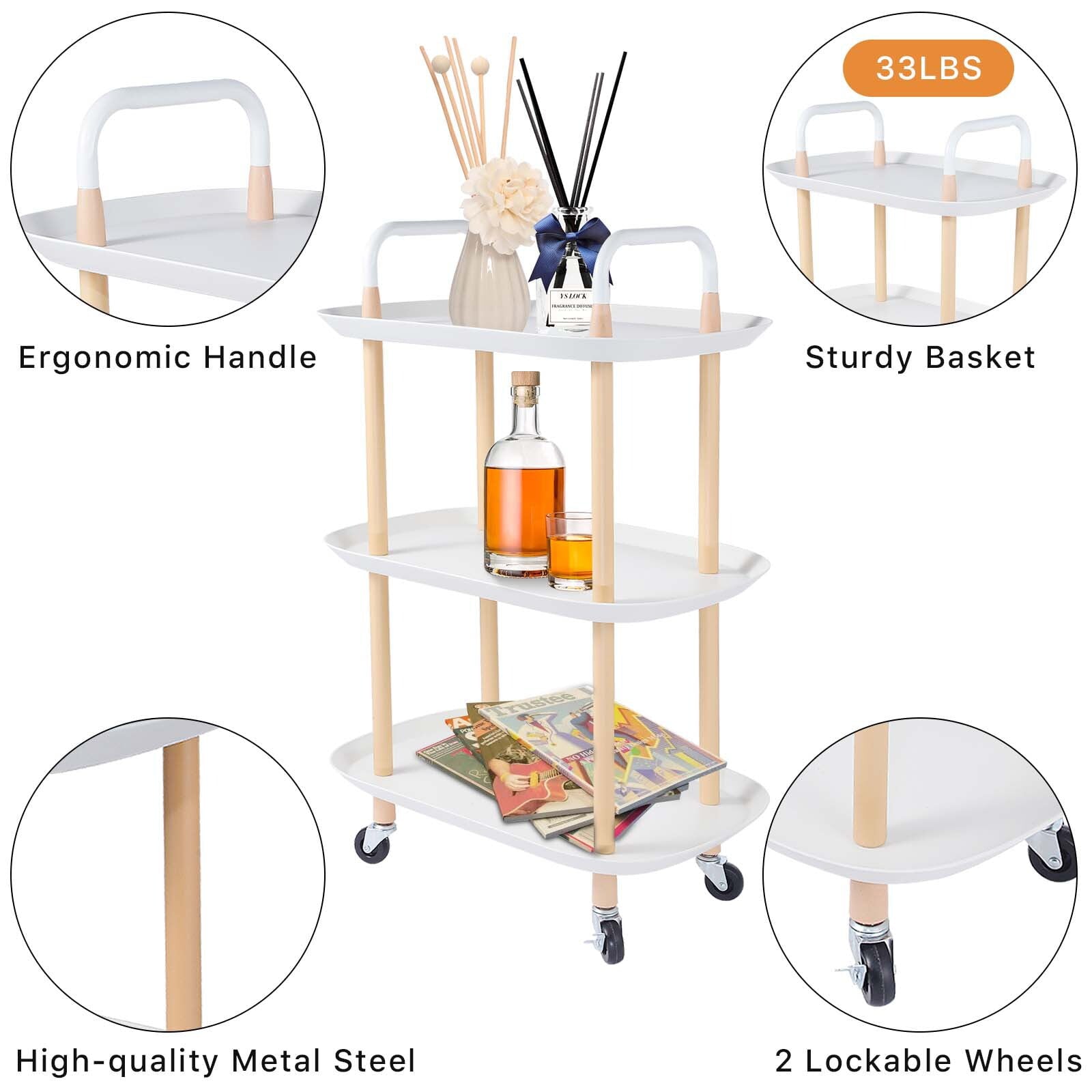 3 Tier Rolling Utility Cart Storage Organizer Service Cart with Handle and Locking Wheels for Home, Bathroom, Office, Kitchen, Coffee Bar, Microwave Cooking Station, White