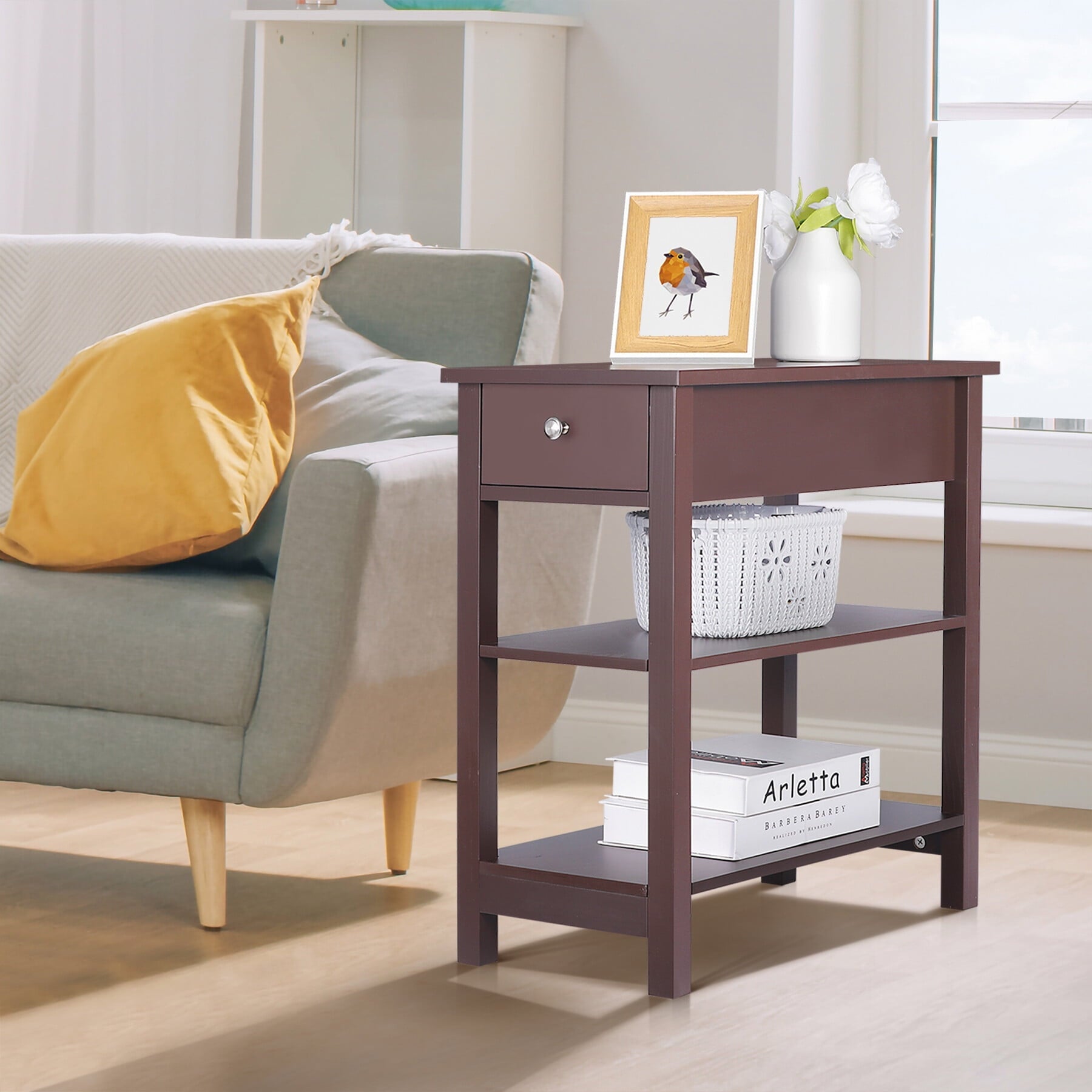 HomGarden 3 Tier Small End Table Modern Narrow Rectangle Sofa Side Table W/Drawer, Espresso