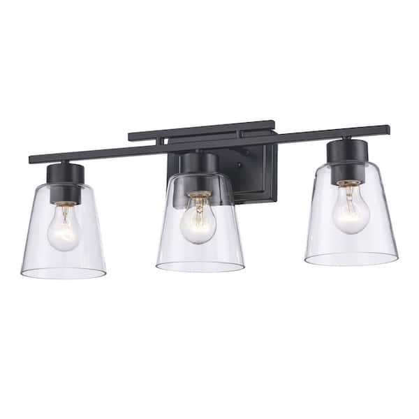 Abbedale 23.38 in. 3-Light Black Bathroom Vanity Light Fixture with Clear Glass Shades