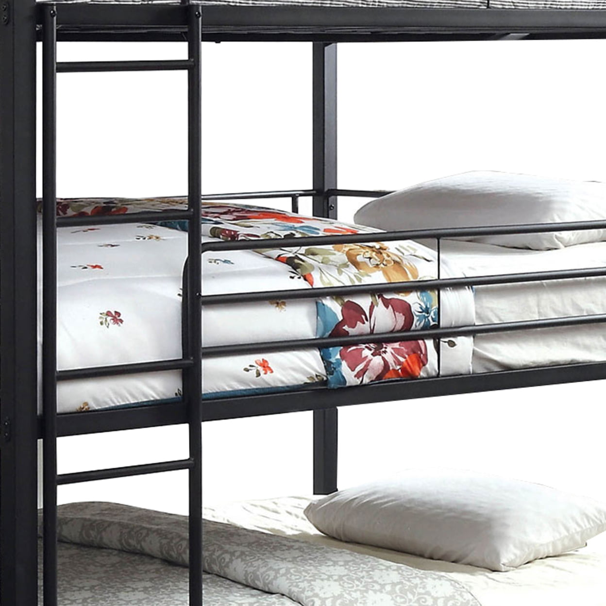 Industrial Style Queen Triple Decker Bunk Bed with Ladder, Black- Saltoro Sherpi