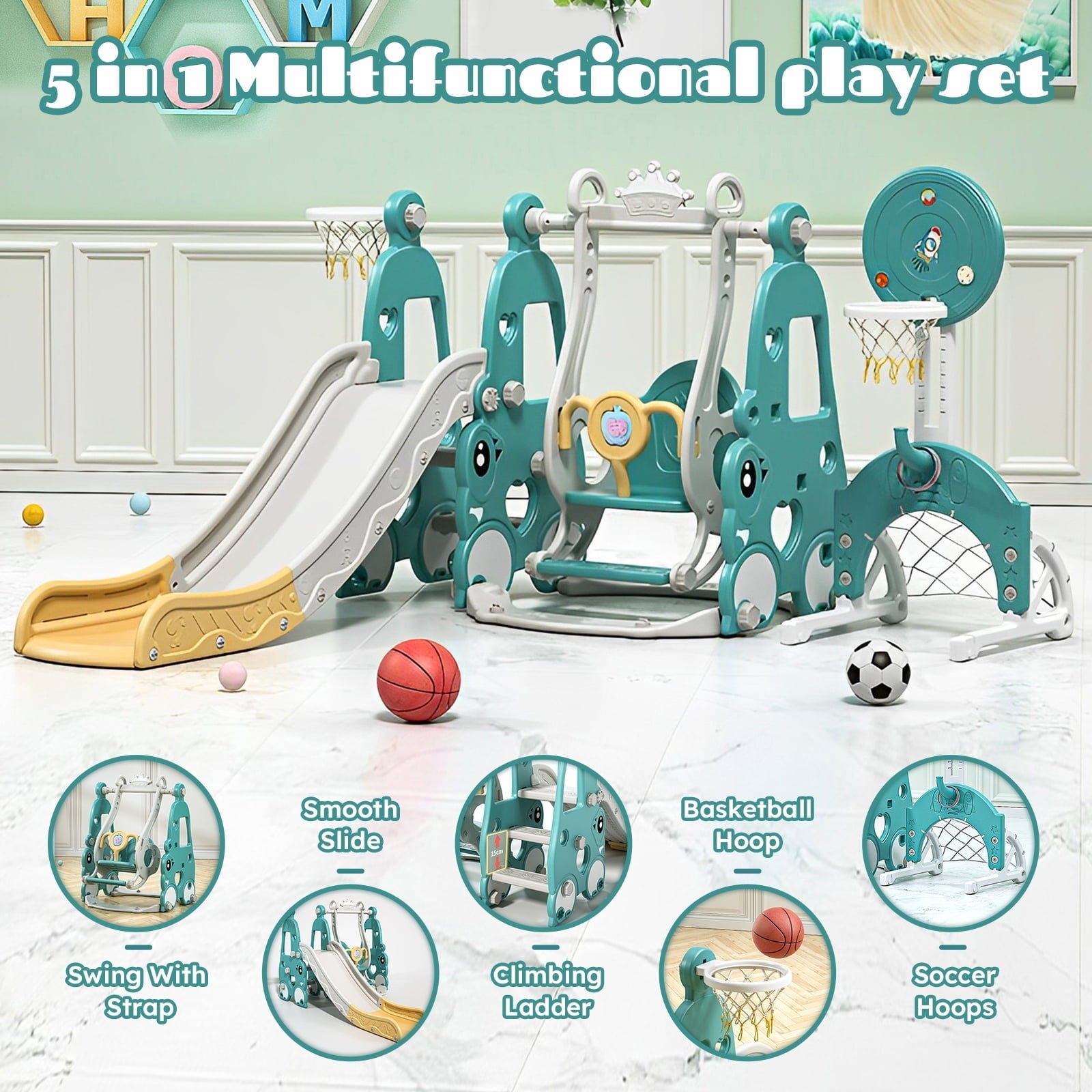 Leavader Kids' Playground Equipment Set - Slide, Swing, Basketball and Soccer Stand Combo