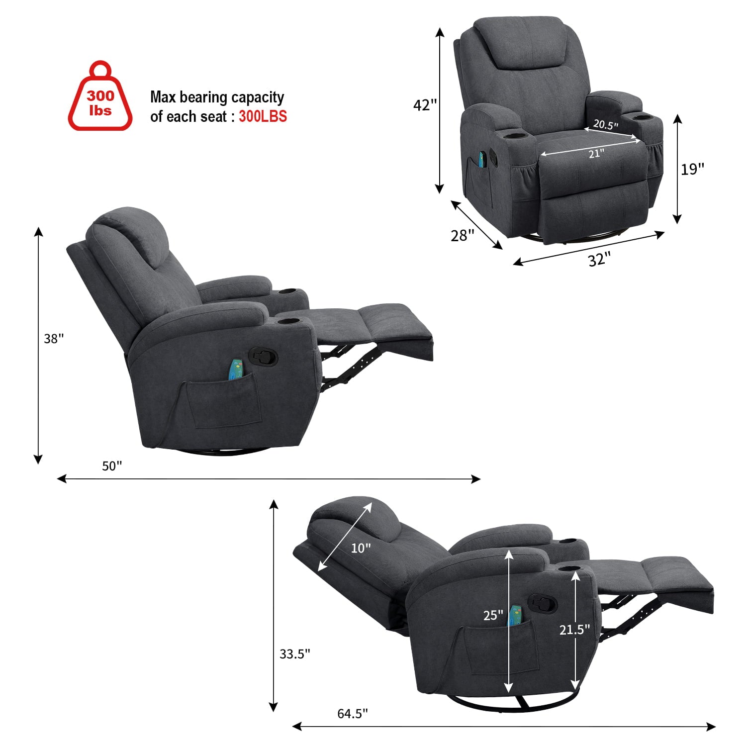 Lacoo massage chair with huge headrest and thick armrests, fabric,grey