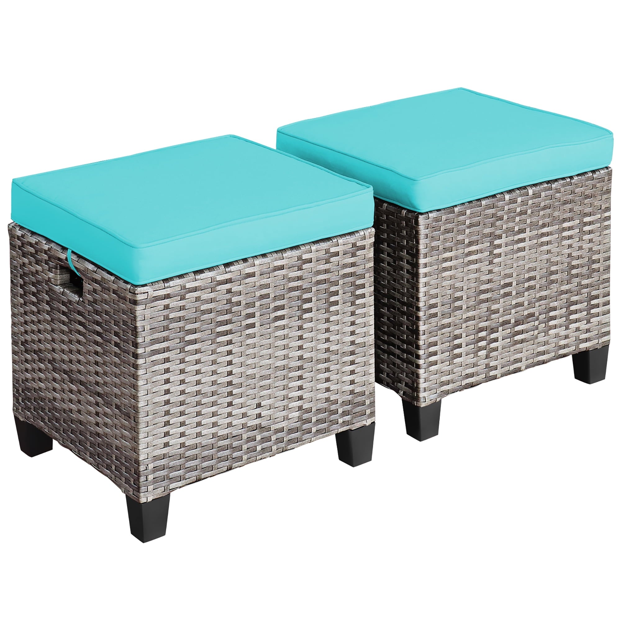 Costway 2PCS Patio Rattan Cushioned Ottoman Seat  Foot Rest TableTurquoise