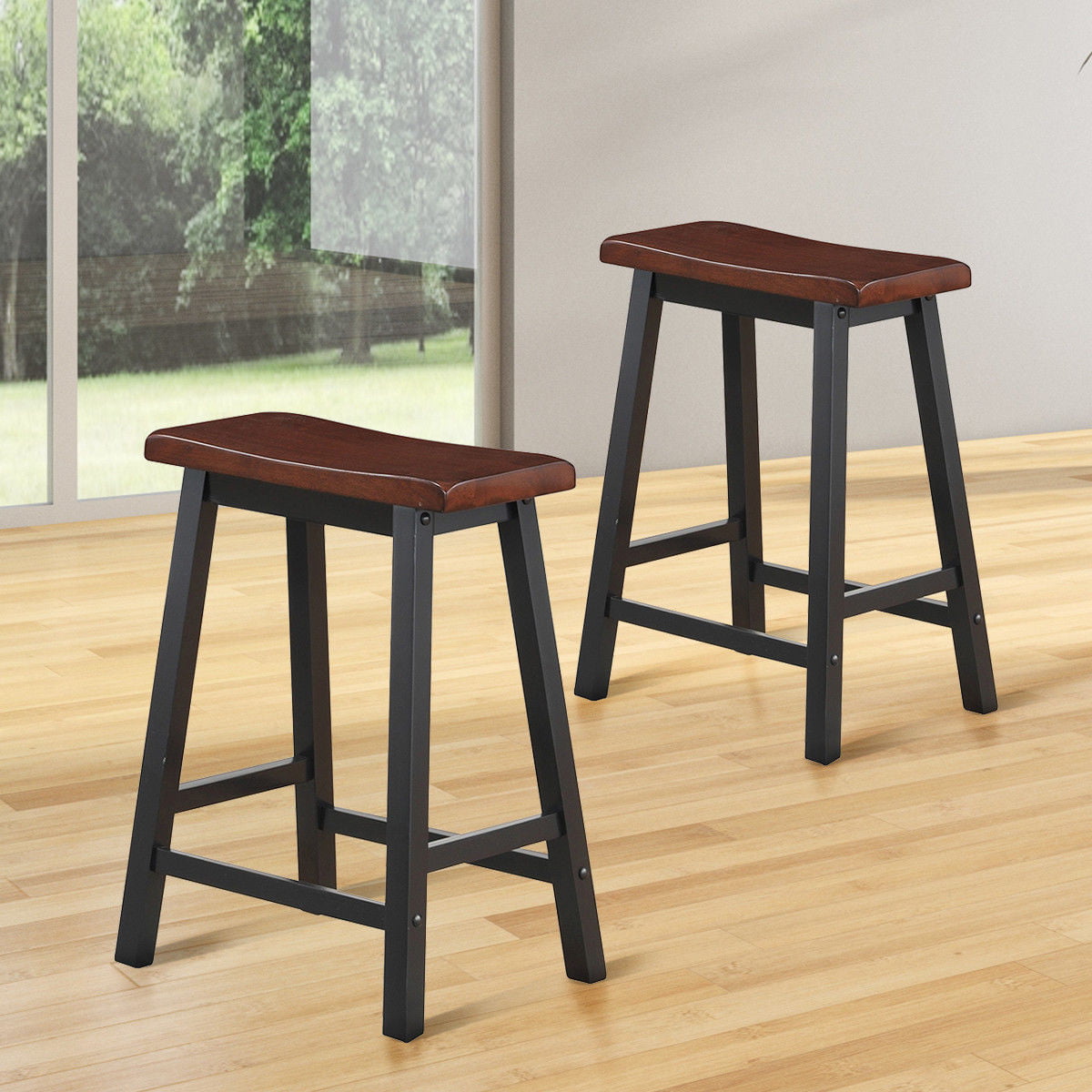 Gymax Set of 2 Bar Stools 24''H Saddle Seat Pub Chair Home Kitchen Dining Room Brown