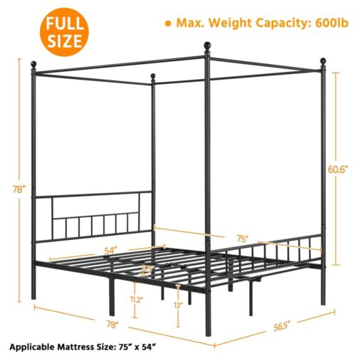 Metal Canopy Bed Frame With Headboard/Foot<wbr/>board Four-poster Bed Twin/Full/Quee<wbr/>n