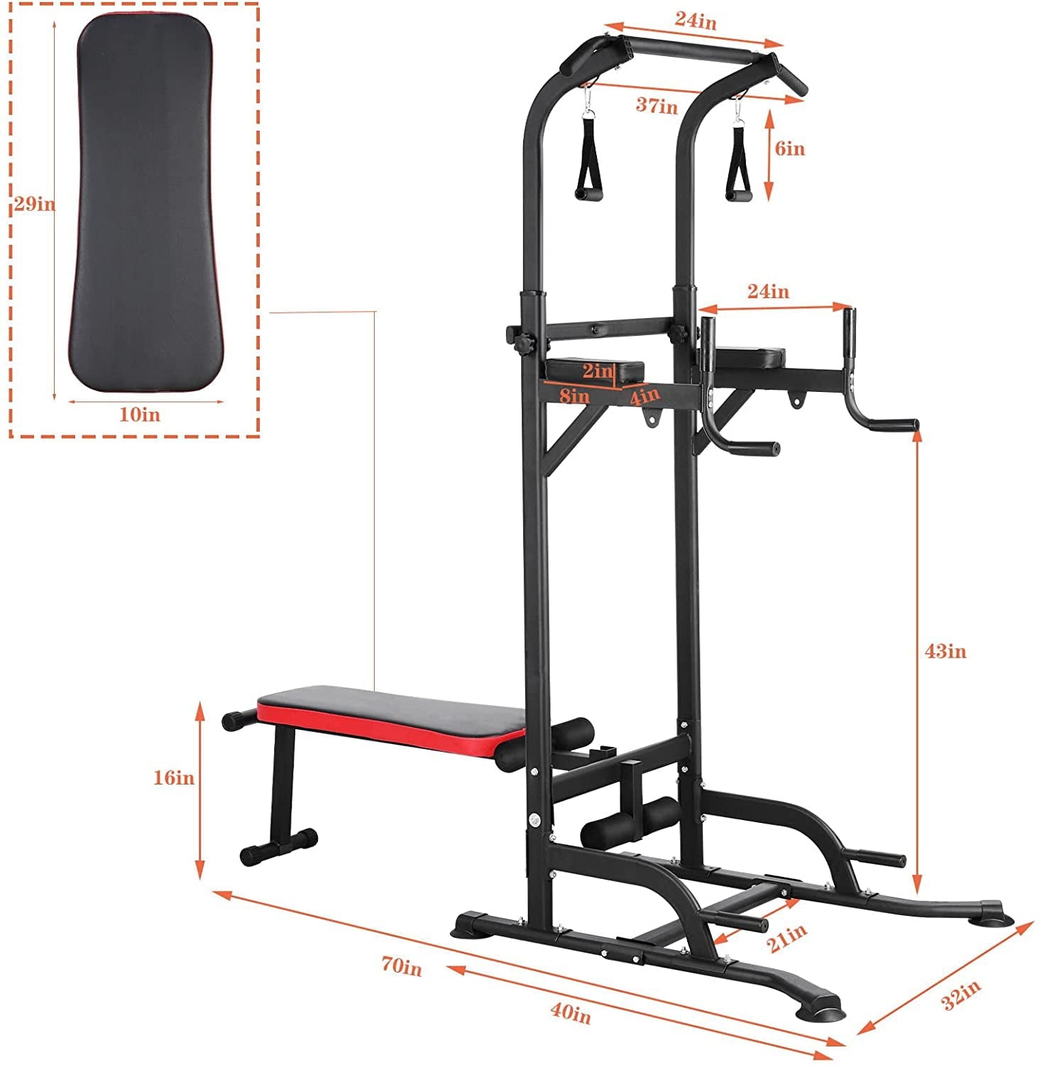 Pirecart Adjustable Power Tower Dip Station Pull Up Bar Strength Training with Bench