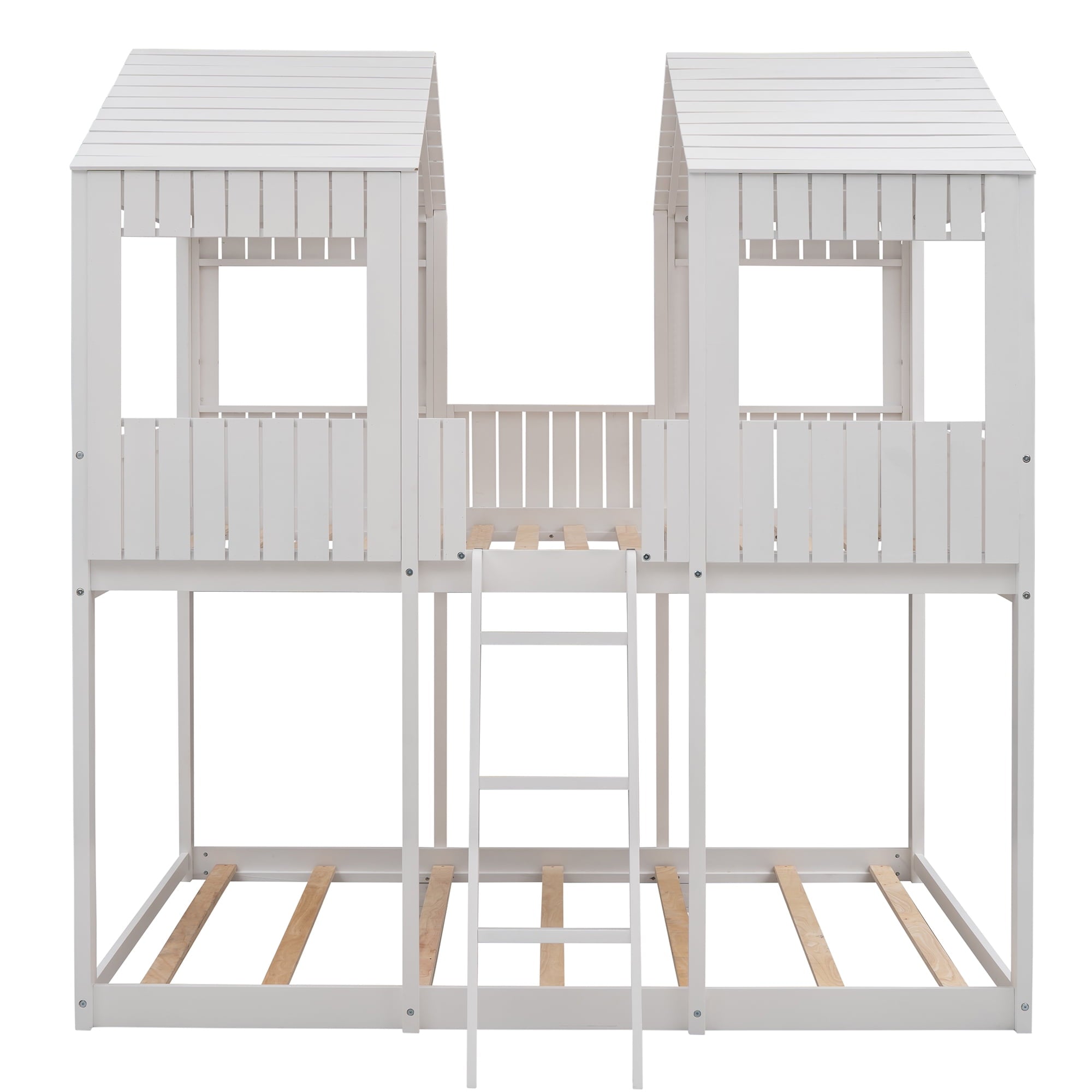 Full Over Full Bunk Bed House Bed with Dual Roofs, Wood Loft Bed Frame with Full-Length Guardrails & Inclined Ladder, Space Saving Design, No Box Spring Needed, White