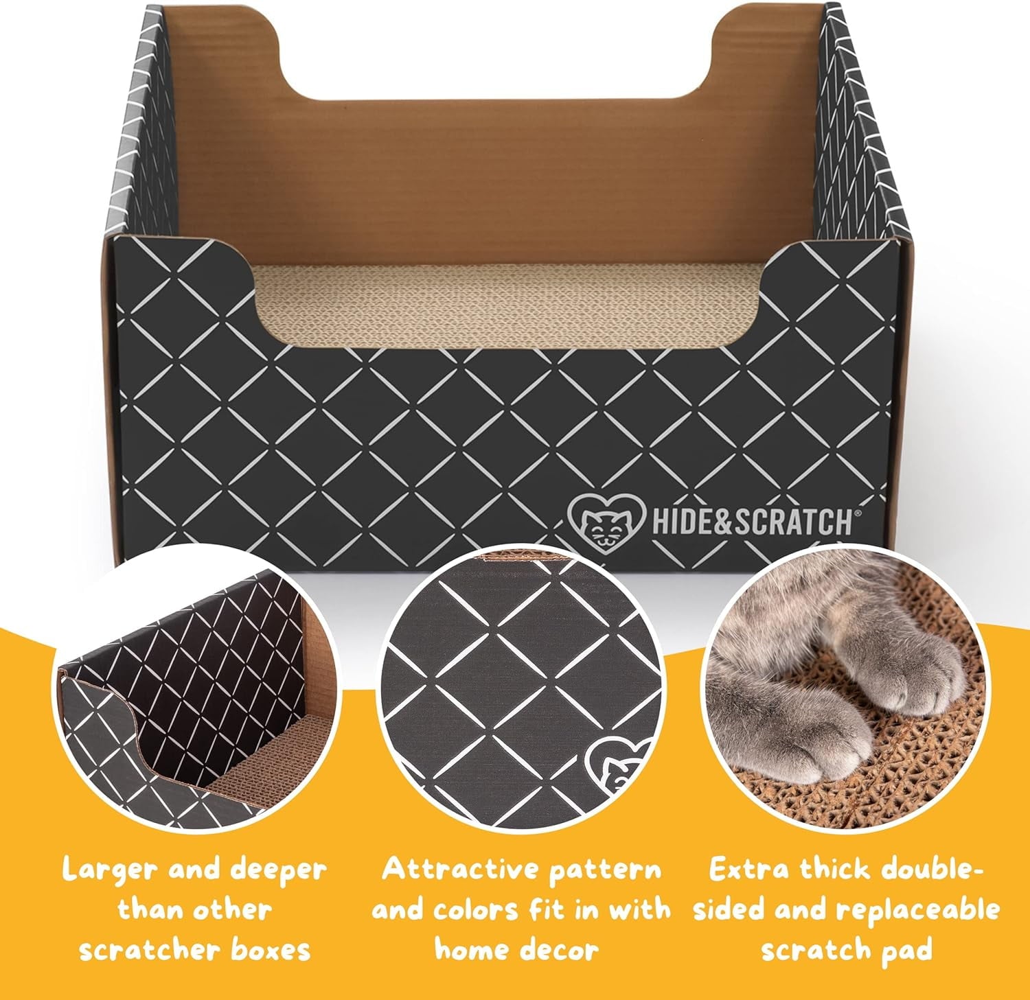 Hide & Scratch: Extra-Large Heavy Duty Cardboard Cat Scratcher and Lounger Box with Refillable Scratch Pad (Dark Brown Diamond)