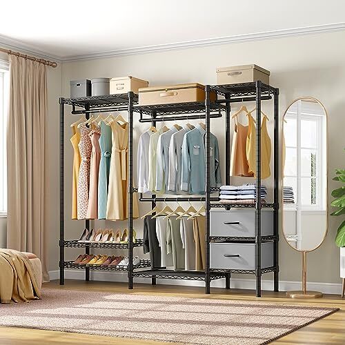 Wire Garment Rack 5 Tiers Heavy Duty Clothes Rack with 2 Fabric Black V8