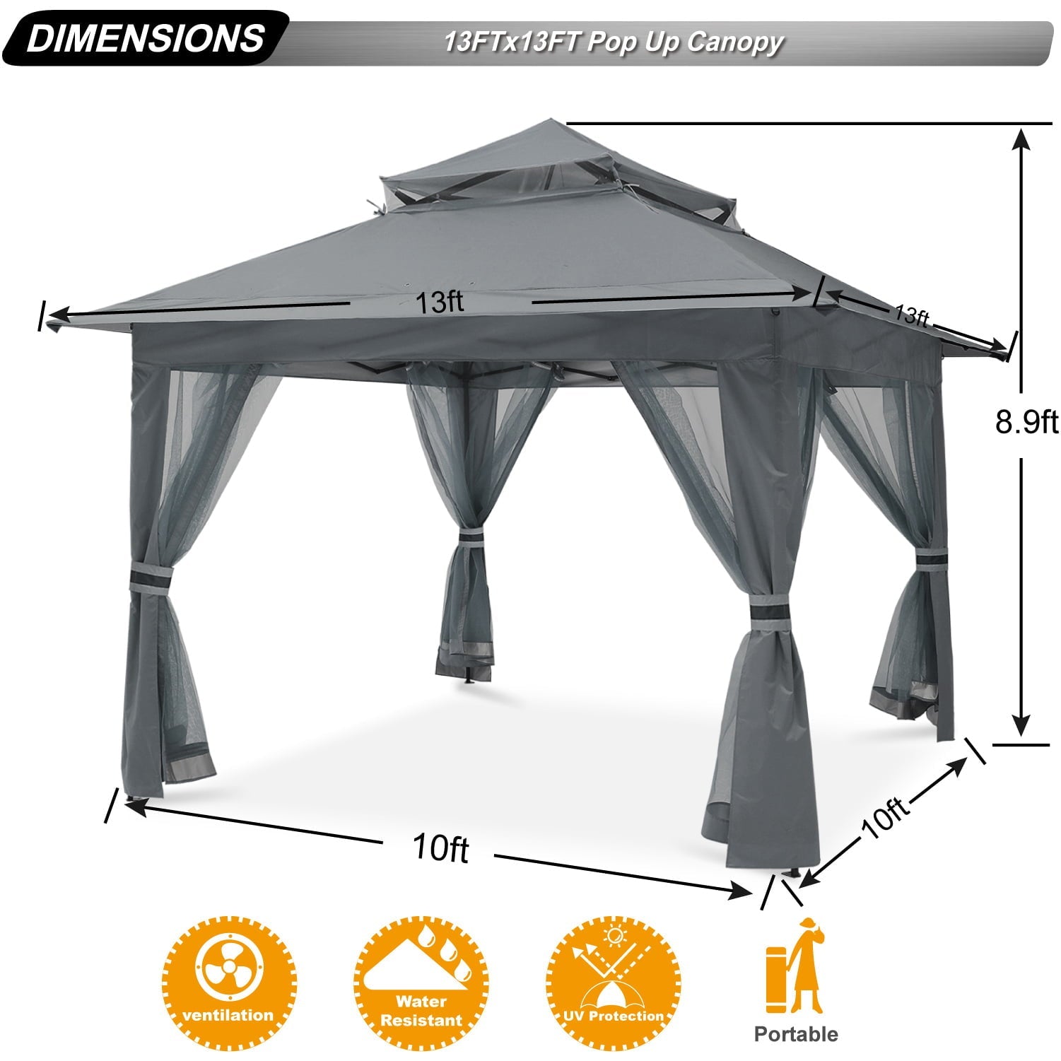 ABCCANOPY 13'x13' Gazebo Tent Outdoor Pop up Gazebo Canopy Shelter with Mosquito Netting, Gray