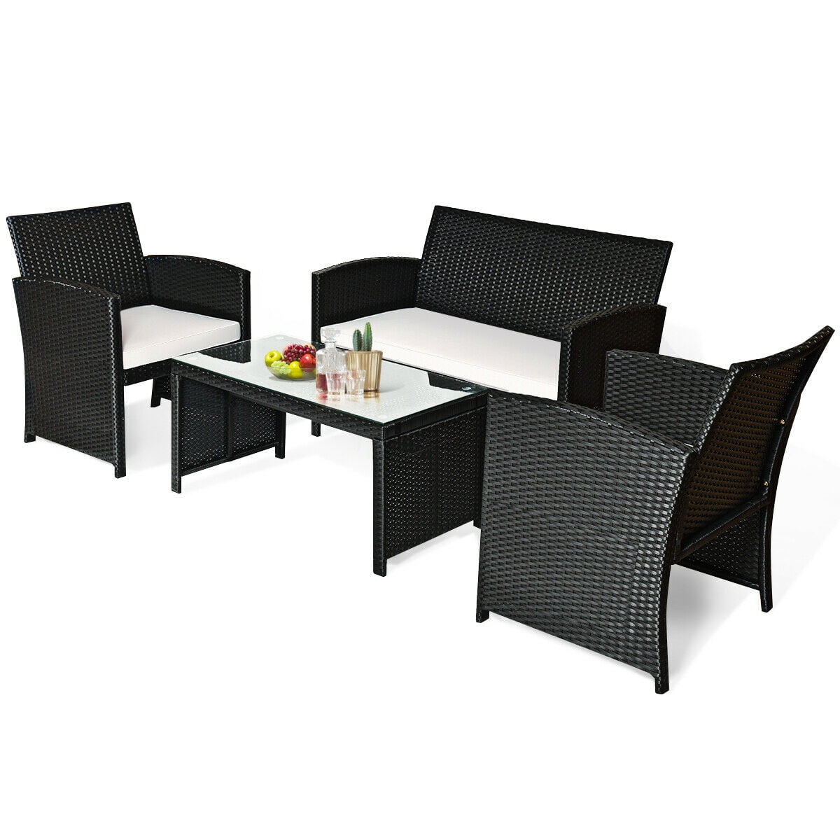 Costway 4PCS Patio Rattan Wicker Furniture Conversation Set Cushioned Sofa Table