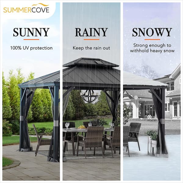 10 ft. x 12 ft. Hardtop Outdoor Patio Aluminum Frame Gazebo with Solar Panel, Netting and Ceiling Hook