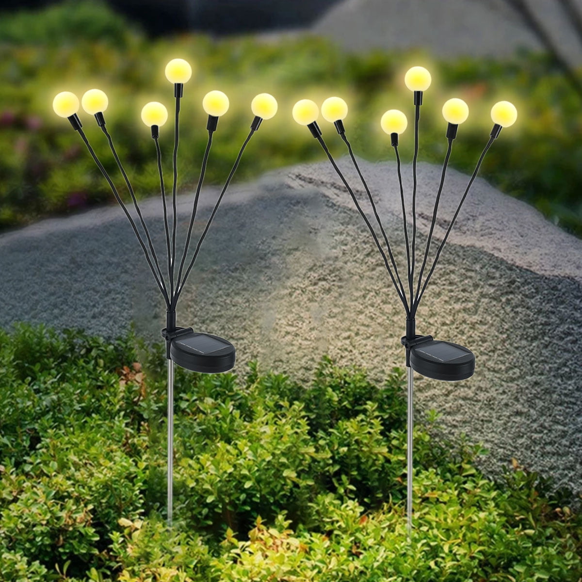 Hands DIY 2pcs Solar Garden Lights Firefly Lawn Stake Light Outdoor IP65 Waterproof Landscape Lighting Wind-Driven Swing Warm White Lamp Decor for Patio Pathway Yard Walkway