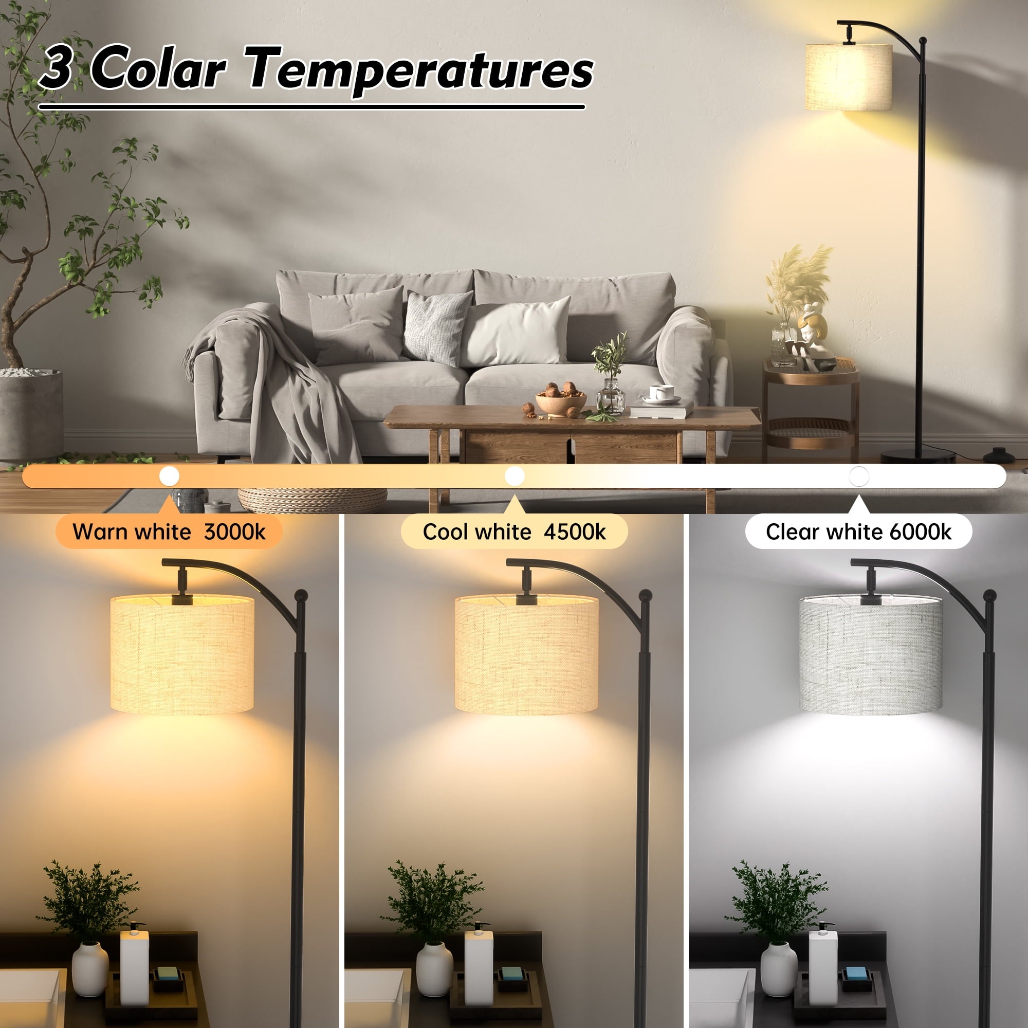 Floor Lamp for Living Room, Tall Modern Standing Lamp with Linen Shade, Footswitch, 3 Color Temperatures, Mid Century Floor Lamp for Bedrooms, Office (9W LED Bulb Included)