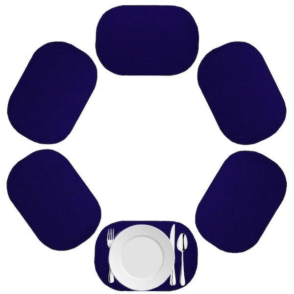 Fishnet 17 in. x 12 in. Navy PVC Covered Jute Oval Placemat (Set of 6)