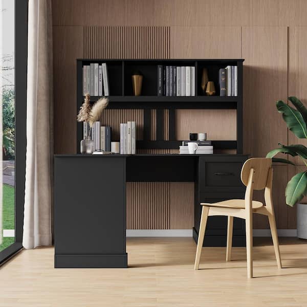60 in. L-shaped Black Wood Computer Desk with Hutch 2-Drawer and Bookcase Writing Desk with Storage Shelves