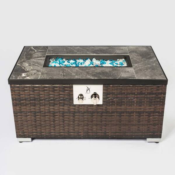 32 in. Brown Rectangle Wicker Ceramic Tile Metal Fire Pit Table