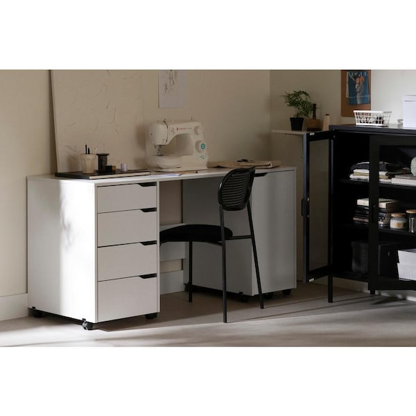 58.12 in. Pure White Rectangular 4 -Drawer Writing Desk with Casters