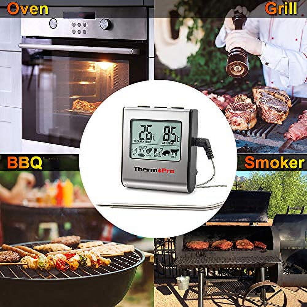 ThermoPro TP-16 Large LCD Digital Cooking Food Meat Thermometer for Smoker Oven Kitchen BBQ Grill Thermometer Clock Timer with Stainless Steel Temperature Probe
