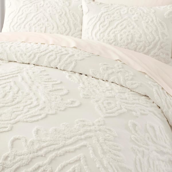 Fairhaven 3-Piece Ivory Textured Medallion Cotton King Duvet Cover Set