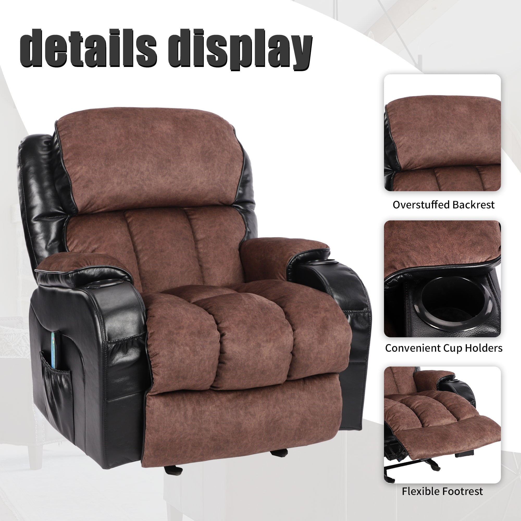 Leather Massage Recliner Chair, Modern Electric Power Rocker with Heated Massage, Ergonomic Lounge Chair, SEGMART Single Sofa Seat with Drink Holders for Living Room, Black and Brown