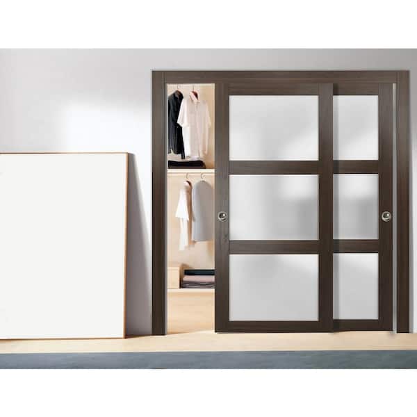 2552 60 in. x 80 in. 3 Panel Brown Finished Wood Sliding Door with Closet Bypass Hardware