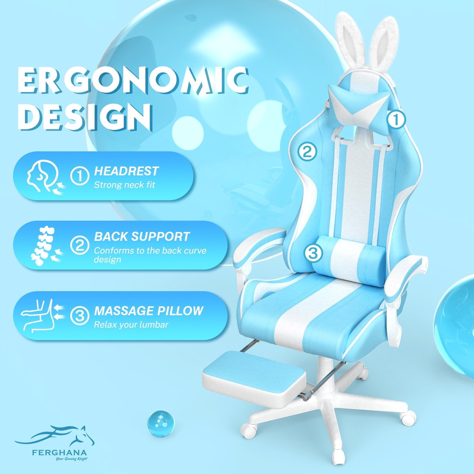 Ferghana Gaming Chair Office Chair, Computer Chair with Footrest & Adjustable Massage Lumbar Pillow, Ergonomic High Back Leather Game Desk Chair, Sky Blue