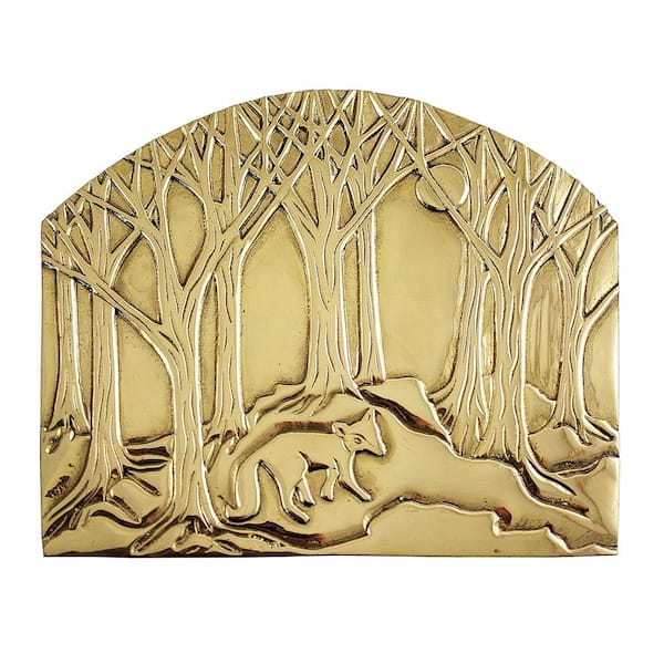 38 in. L Polished Brass and Matte Black 1-Panel Forest Fox Emblem Fireplace Screen