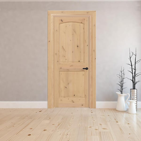 30 in. x 80 in. 2-Panel Round Top Left-Hand Unfinished Knotty Alder Single Prehung Interior Door with Bronze Hinges