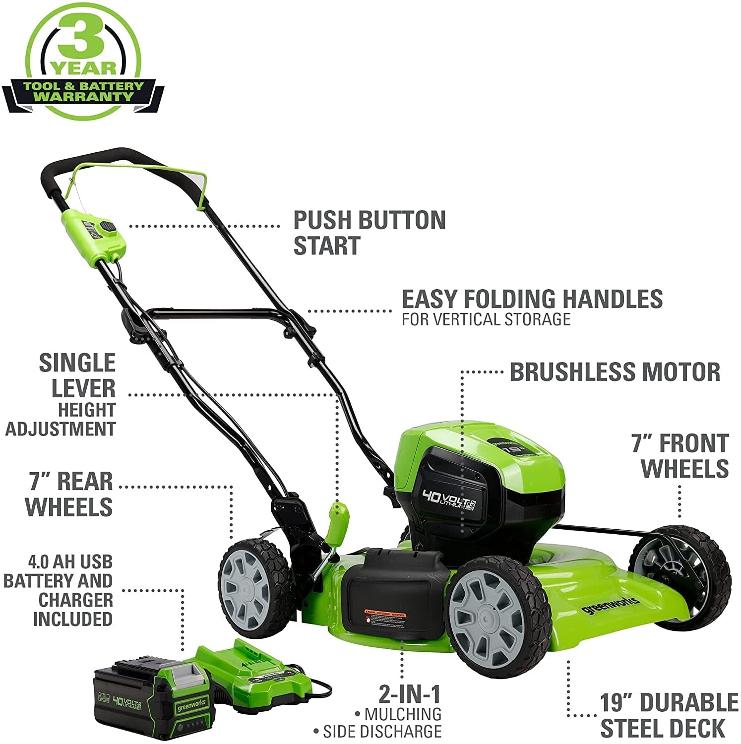 Greenworks 40V 19-inch Brushless Walk-Behind Lawn Mower W/ 4.0 Ah Battery and Charger, 2524902AZ