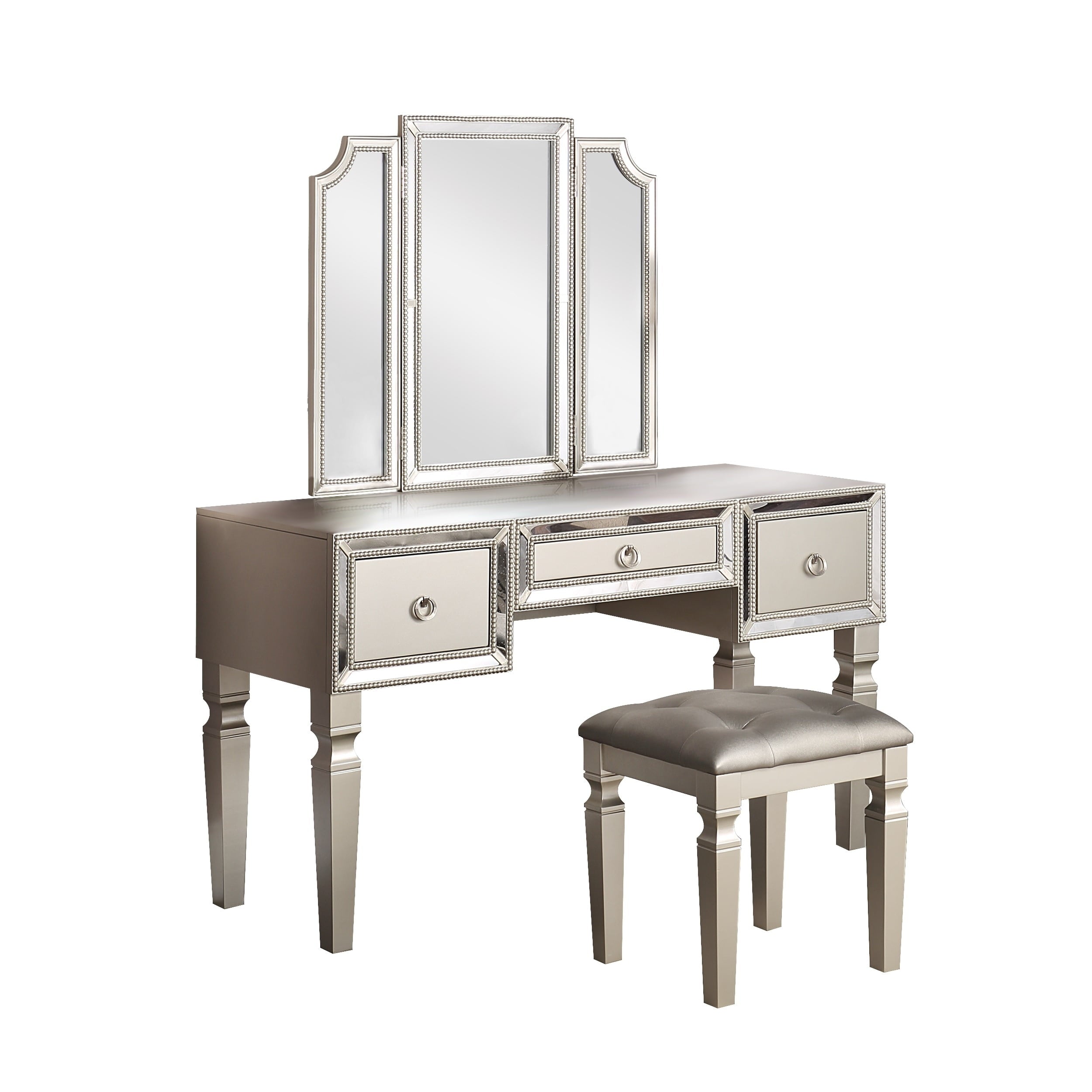 Poundex F4220 54 x 19 x 60 in. Wooden Makeup Vanity Set with Tri-fold Mirror & Stool - Cherry